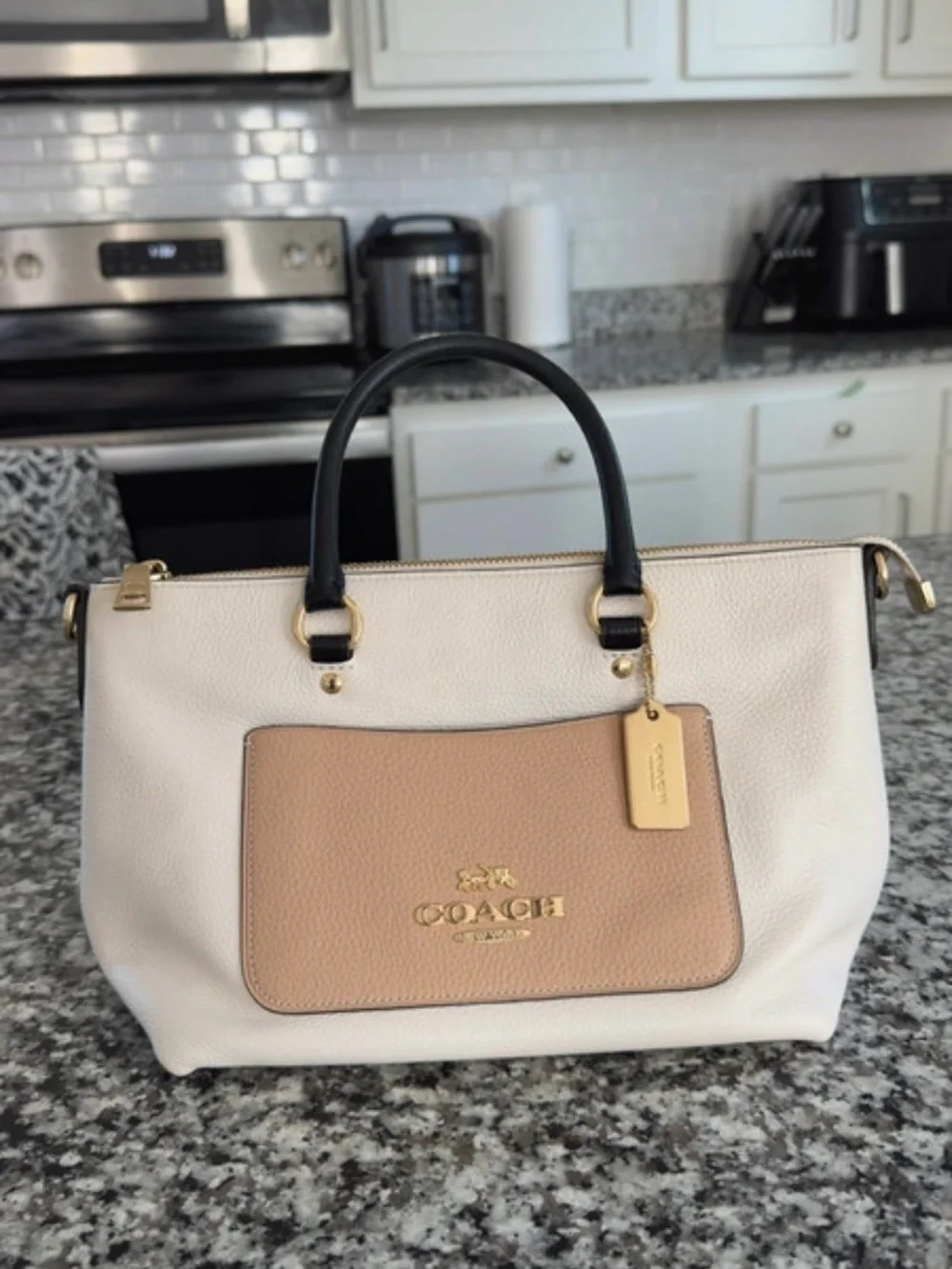 Coach Two-Tone Leather Satchel, Tan & Black with Gold hardware Hand-tag